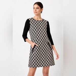 THML Diamond Pattern Knit Shift Dress Zipper Pocket Mod Career Chic M